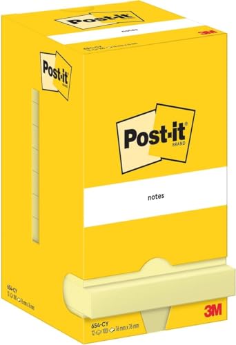 Post-it Notizen Kanariengelb, Packung mit 12 Blöcken, 100 Blatt pro Block, 76 mm x 76 mm, Farbe: Gelb - Selbstklebende Notizzettel für Notizen, To-Do-Listen und Erinnerungen von Post-it