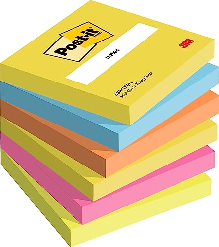 Post-it Notes Energetic Collection, Packung mit 6 Blöcken, 100 Blatt pro Block, 76 mm x 76 mm, Farben: Gelb, Blau, Orange, Pink, Grün - Selbstklebende Notizzettel für Notizen und Erinnerungen von Post-it