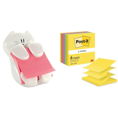 Post-it Z-Notes Spender in Katzenform und 6 Blöcke Neon Rainbow (76 mm x 76 mm) – Haftnotizen Set mit 600 Blatt und Dispenser – Selbstklebende Zettel für Büro, Schule und Zuhause von Post-it