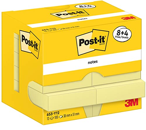 Post-it Notes Promotion 653Y12 – Selbstklebende Haftnotizzettel in 38 x 51 mm – 12 Notizblöcke rechteckig à 100 Blatt in Gelb von Post-it