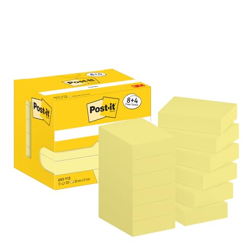 Post-it Notizen Kanariengelb, Packung mit 12 Blöcken, 100 Blatt pro Block, 51 mm x 38 mm, Farbe: Gelb - Selbstklebende Notizzettel für Notizen, To-Do-Listen und Erinnerungen von Post-it