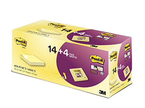 Post-it Notes Promotion 654-P14CY+4SSCY – Selbstklebende Haftnotizzettel in 76 x 76 mm – 18 Notizblöcke quadratisch à 100 Blatt in Gelb, Mittel von Post-it