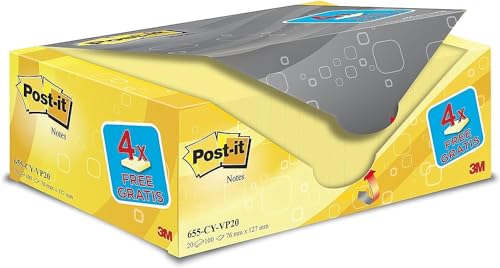 Post-it Notizen Kanariengelb, Vorteilspackung mit 16 Blöcken + 4 GRATIS, 100 Blatt pro Block, 76 mm x 127 mm, Farbe: Gelb - Selbstklebende Notizzettel für Notizen, To-Do-Listen und Erinnerungen von Post-it
