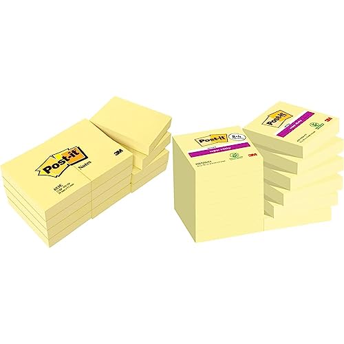 Post-it Notizen Kanariengelb, Packung mit 12 Blöcken, 100 Blatt pro Block, 51 mm x 38 mm, Farbe: Gelb & Super Sticky Notes, Packung mit 12 Blöcken, 90 Blatt pro Block, 47,6 mm x 47,6 mm, Farbe: Gelb von Post-it