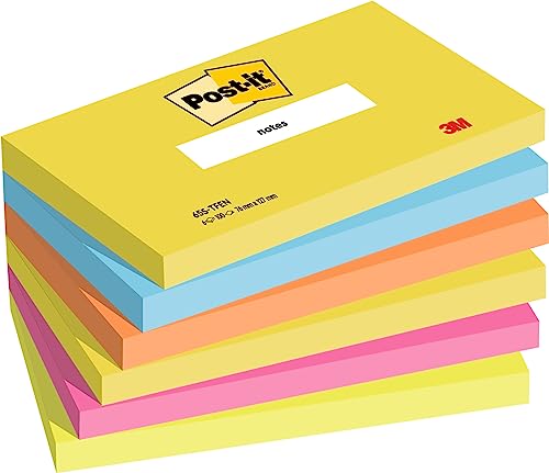 Post-it Notes Energetic Collection, Packung mit 6 Blöcken, 100 Blatt pro Block, 76 mm x 127 mm, Farben: Gelb, Blau, Orange, Pink, Grün - Selbstklebende Notizzettel für Notizen von Post-it