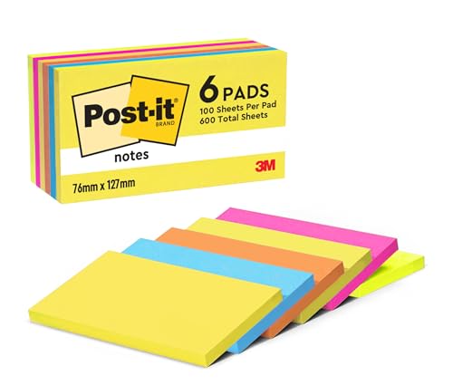 Post-it Notes Energetic Collection, Packung mit 6 Blöcken, 100 Blatt pro Block, 76 mm x 127 mm, Farben: Gelb, Blau, Orange, Pink, Grün - Selbstklebende Notizzettel für Notizen von Post-it