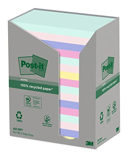 Post-it Recycling Notes, Assortierte Farben, Packung mit 16 Blöcken, 100 Blatt pro Block, 76 mm x 127 mm, Farben: Grün, Pink, Blau, Gelb - Selbstklebende Notizzettel aus 100% Recyclingpapier von Post-it