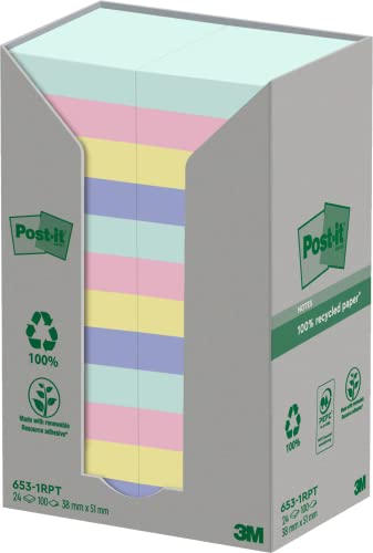 Post-it Recycling Notes, Assortierte Farben, Packung mit 24 Blöcken, 100 Blatt pro Block, 38 mm x 51 mm, Farben: Grün, Pink, Gelb, Blau - Selbstklebende Notizzettel aus 100% Recyclingpapier von Post-it