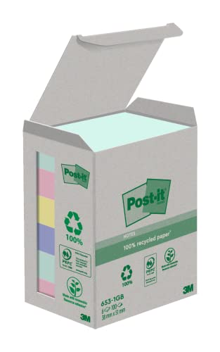 Post-it Recycling Notes, Assortierte Farben, Packung mit 6 Blöcken, 100 Blatt pro Block, 38 mm x 51 mm, Farben: Grün, Pink, Gelb, Blau - Selbstklebende Notizzettel aus 100% Recyclingpapier von Post-it