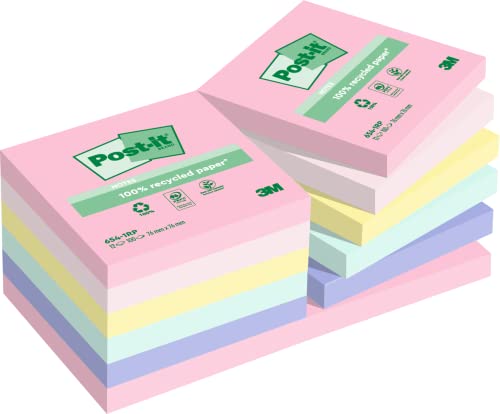 Post-it Recycling Notes, Assortierte Farben, Packung mit 12 Blöcken, 100 Blatt pro Block, 76 mm x 76 mm, Farben: Grün, Pink, Gelb, Blau - Selbstklebende Notizzettel aus 100% Recyclingpapier von Post-it