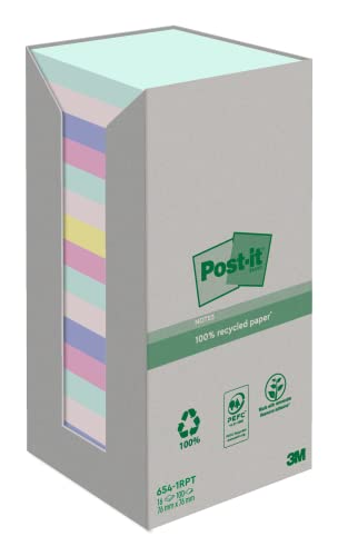 Post-it Recycling Notes Assortierte Farben, Packung mit 16 Blöcken, 100 Blatt pro Block, 76 mm x 76 mm, Farben: Grün, Pink, Gelb, Blau - Selbstklebende Notizzettel aus 100% Recyclingpapier von Post-it