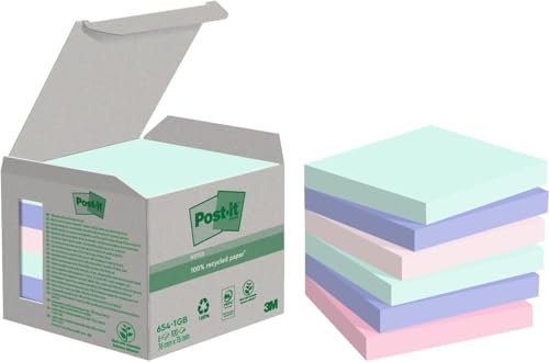 Post-it Recycling Notes, Assortierte Farben, Packung mit 6 Blöcken, 100 Blatt pro Block, 76 mm x 76 mm, Farben: Grün, Pink, Blau - Selbstklebende Notizzettel aus 100% Recyclingpapier von Post-it