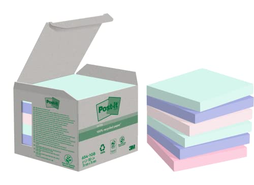 Post-it Recycling Notes, Assortierte Farben, Packung mit 6 Blöcken, 100 Blatt pro Block, 76 mm x 76 mm, Farben: Grün, Pink, Blau - Selbstklebende Notizzettel aus 100% Recyclingpapier von Post-it