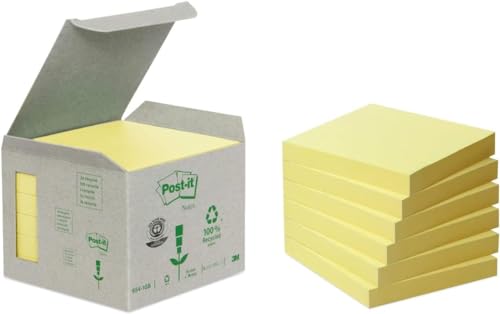 Post-it Recycling Notes Kanariengelb, Packung mit 6 Blöcken, 100 Blatt pro Block, 76 mm x 76 mm, Farbe: Gelb - Selbstklebende Notizzettel aus 100% Recyclingpapier von Post-it