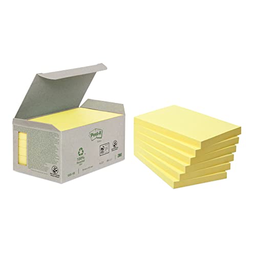 Post-it Recycling Notes Kanariengelb, Packung mit 6 Blöcken, 100 Blatt pro Block, 76 x 127mm, Farbe: Gelb - Selbstklebende Notizzettel aus 100% Recyclingpapier von Post-it