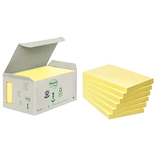 Post-it Recycling Notes Kanariengelb, Packung mit 6 Blöcken, 100 Blatt pro Block, 76 x 127mm, Farbe: Gelb - Selbstklebende Notizzettel aus 100% Recyclingpapier von Post-it