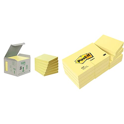 Post-it Recycling Notes Kanariengelb, 6 Blöcken & Notizen Kanariengelb, Packung mit 12 Blöcken, 100 Blatt pro Block, 51 mm x 38 mm, Farbe: Gelb - Selbstklebende Notizzettel zum Notieren von Post-it