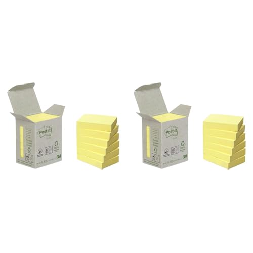 Post-it Recycling Notes Mini Tower, 38 x 51 mm, 100 Blatt, 6 Block, Pastellgelb - in Weiteren Farben Verfügbar - Selbstklebende Notizzettel aus 100% Recyclingpapier (Packung mit 2) von Post-it