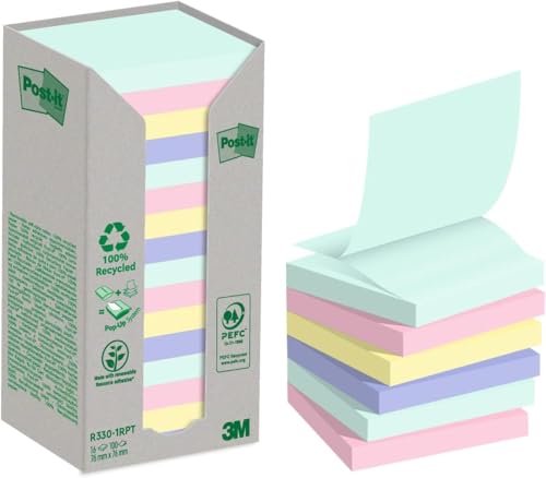 Post-it Recycling Notes, Assortierte Farben, Packung mit 16 Blöcken, 100 Blatt pro Block, 76 mm x 76 mm, Farben: Grün, Pink, Blau, Gelb - Selbstklebende Notizzettel aus 100% Recyclingpapier von Post-it