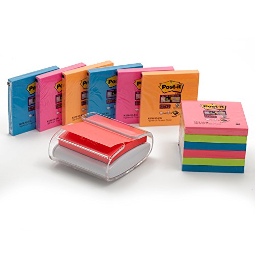 Post-it Spender für den Schreibtisch in weiß/ transparent für Super Sticky Z-Notes, praktischer Helfer für Büro und Schularbeiten mit 12 zusätzlichen Haftnotizblöcken von Post-it