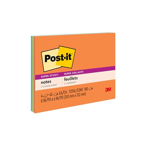 Post-it Super Haftnotizen, 20,3 x 15,2 cm, 4 Blöcke, 2 x Haftkraft, Energy Boost Kollektion, helle Farben, wiederverwertbar (6845-SSP) von Post-it