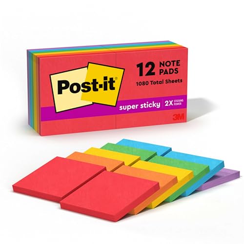 Post-it Super Sticky Notes, 12 Haftnotizblöcke, 7,6 x 7,6 cm, Schulbedarf und Büroprodukte, ideal für Lehrbücher, Notizbücher, Wände und vertikale Oberflächen, Playful Primärsammlung von Post-it
