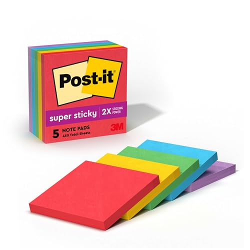 Post-it Super Haftnotizen, 5 Haftnotizblöcke, 7,6 x 7,6 cm, Schulbedarf und Büroprodukte, ideal für Lehrbücher, Notizbücher, Wände und vertikale Oberflächen, Playful Primaries Collection von Post-it