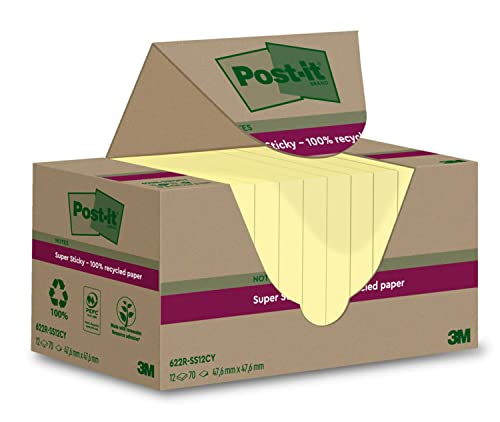 Post-it Super Sticky 100 % Recycling Notes, 12 Blöcke, 70 Blätter pro Block, 47.6 mm x 47.6 mm, Gelb - Extra starke Haftnotizen aus 100 % Recyclingpapier von Post-it