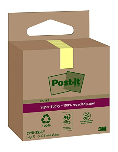 Post-it Super Sticky 100 % Recycling Notes, 3 Blöcke, 70 Blätter pro Block, 47.6 mm x 47.6 mm, Gelb - Extra starke Haftnotizen aus 100 % Recyclingpapier von Post-it