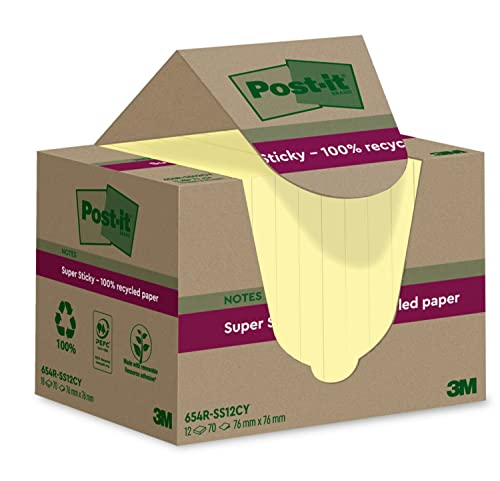 Post-it Super Sticky 100 % Recycling Notes, 12 Blöcke, 70 Blätter pro Block, 76 mm x 76 mm, Gelb - Extra starke Haftnotizen aus 100 % Recyclingpapier von Post-it