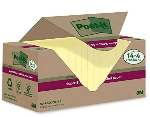 Post-it Super Sticky 100 % Recycling Notes, 14+4 GRATIS-Blöcke/Packung, 70 Blätter pro Block, 76 mm x 76 mm, Gelb - Extra starke Haftnotizen aus 100 % Recyclingpapier von Post-it