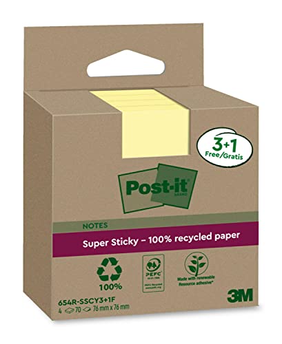 Post-it Super Sticky 100 % Recycling Notes, 3+1 GRATIS-Blöcke/Packung, 70 Blätter pro Block, 76 mm x 76 mm, Gelb - Extra starke Haftnotizen aus 100 % Recyclingpapier von Post-it