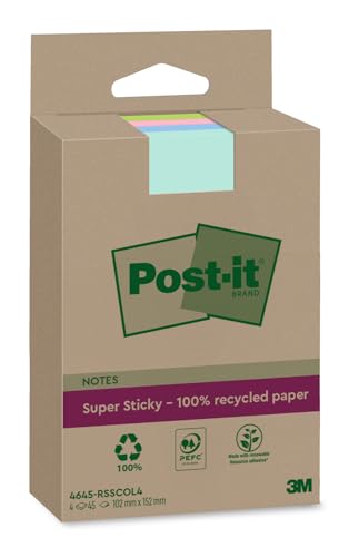 Post-it Super Sticky 100 % Recycling Notes, Verschiedene Farben, Liniert - 4 Blöcke, 45 Blätter pro Block, 102 mm x 152 mm - Extra starke Haftnotizen aus 100 % Recyclingpapier von Post-it