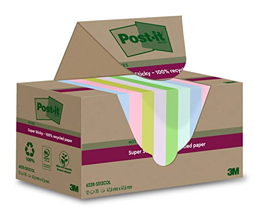 Post-it Super Sticky 100 % Recycling Notes, 12 Blöcke, 70 Blätter pro Block, 47.6 mm x 47.6 mm, Pink, Grün, Blau, Violett, Gelb - Extra starke Haftnotizen aus 100 % Recyclingpapier von Post-it