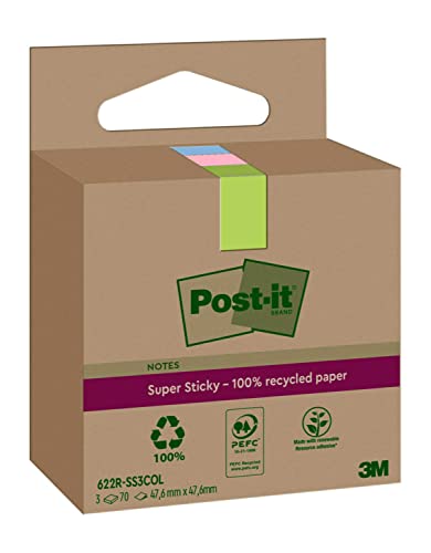 Post-it Super Sticky 100 % Recycling Notes, 3 Blöcke, 70 Blätter pro Block, 47.6 mm x 47.6 mm, Pink, Grün, Blau - Extra starke Haftnotizen aus 100 % Recyclingpapier von Post-it