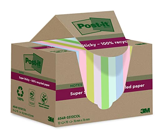 Post-it Super Sticky 100 % Recycling Notes, 12 Blöcke, 70 Blätter pro Block, 76 mm x 76 mm, Pink, Grün, Blau, Violett, Gelb - Extra starke Haftnotizen aus 100 % Recyclingpapier von Post-it