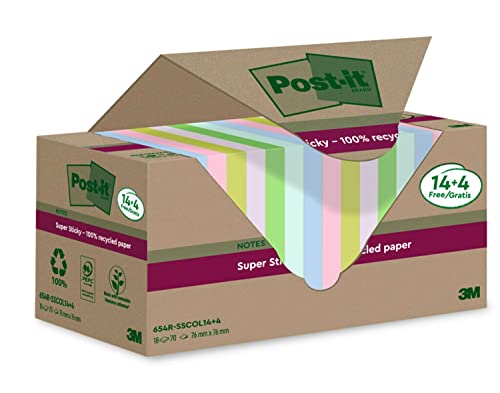 Post-it Super Sticky 100 % Recycling Notes, 14+4 GRATIS-Blöcke/Packung, 70 Blätter pro Block, 76 mm x 76 mm, Pink, Grün, Blau, Violett, Gelb - Extra starke Haftnotizen aus 100 % Recyclingpapier von Post-it
