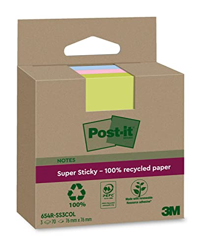 Post-it Super Sticky 100 % Recycling Notes, 3 Blöcke, 70 Blätter pro Block, 76 mm x 76 mm, Pink, Grün, Blau - Extra starke Haftnotizen aus 100 % Recyclingpapier von Post-it