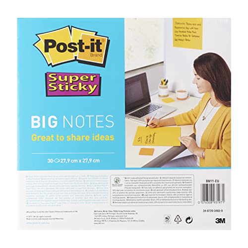 Post-it Super Sticky Big Notes, Packung mit 1 Block mit 30 Blättern, 279 mm x 279 mm, Gelb, Extra-stark klebende Notizzettel zum Notieren, für To-Do-Listen und Erinnerungen von Post-it