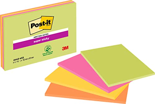 Post-it Super Sticky Large Notes, Packung mit 4 Blöcken, 45 Blatt pro Block, 152 mm x 101 mm, Grün, Gelb, Orange, Pink, Haftnotizen für Notizen, To-Do-Listen und Erinnerungen von Post-it