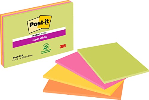 Post-it Super Sticky Large Notes, Packung mit 4 linierten Blöcken, 45 Blatt pro Block, 152 mm x 101 mm, Farben: Grün, Gelb, Orange, Pink, Haftnotizen für Notizen, To-Do-Listen und Erinnerungen von Post-it