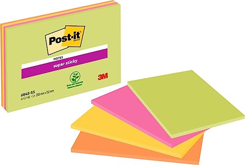 Post-it Super Sticky Meeting Notes, Packung mit 4 Blöcken, 45 Blatt pro Block, 203 mm x 152 mm, Farben: Grün, Pink, Gelb, Orange - Extra-stark klebende Notizzettel für To-Do-Listen und Erinnerungen von Post-it