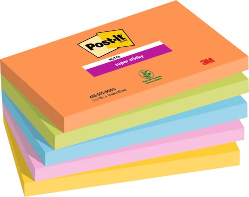 Post-it Super Sticky Notes Boost Color Collection, 5 Blöcke, 90 Blatt pro Block, 76 mm x 127 mm, Orange, Grün, Rosa, Gelb, Blau – extra Haftnotizen für Notizen, To-Do-Listen und Erinnerungen von Post-it