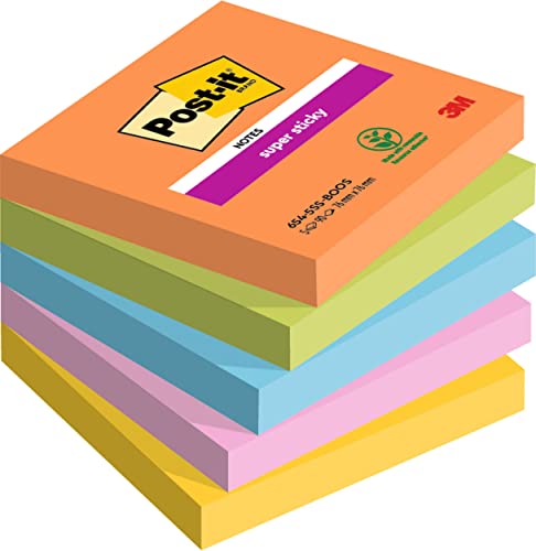 Post-it Super Sticky Notes Boost Collection, Packung mit 5 Blöcken, 90 Blatt pro Block, 76 mm x 76 mm, Orange, Grün, Pink, Gelb, Blau - Extra-stark klebende Notizzettel für To-Do-Listen & Erinnerungen von Post-it