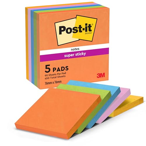 Post-it Super Sticky Notes Boost Collection, Packung mit 5 Blöcken, 90 Blatt pro Block, 76 mm x 76 mm, Orange, Grün, Pink, Gelb, Blau - Extra-stark klebende Notizzettel für To-Do-Listen & Erinnerungen von Post-it