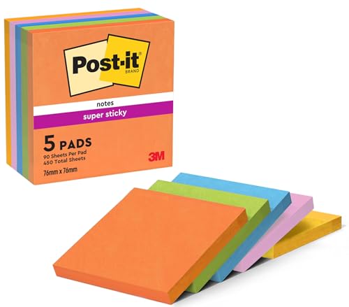 Post-it Super Sticky Notes Boost Collection, Packung mit 5 Blöcken, 90 Blatt pro Block, 76 mm x 76 mm, Orange, Grün, Pink, Gelb, Blau - Extra-stark klebende Notizzettel für To-Do-Listen & Erinnerungen von Post-it