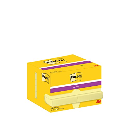 Post-it Super Sticky Notes, Packung mit 12 Blöcken, 90 Blatt pro Block, 47,6 mm x 73 mm, Farbe: Gelb - Extra-stark klebende Notizzettel für Notizen, To-Do-Listen und Erinnerungen von Post-it