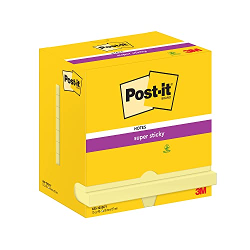 Post-it Super Sticky Notes, Packung mit 12 Blöcken, 90 Blatt pro Block, 76mm x 127 mm, Farbe: Gelb - Extra-stark klebende Notizzettel für Notizen, To-Do-Listen und Erinnerungen von Post-it