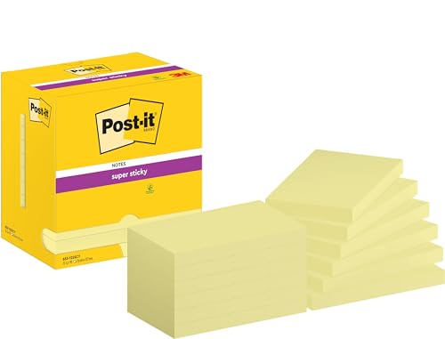 Post-it Super Sticky Notes, Packung mit 12 Blöcken, 90 Blatt pro Block, 76mm x 127 mm, Farbe: Gelb - Extra-stark klebende Notizzettel für Notizen, To-Do-Listen und Erinnerungen von Post-it