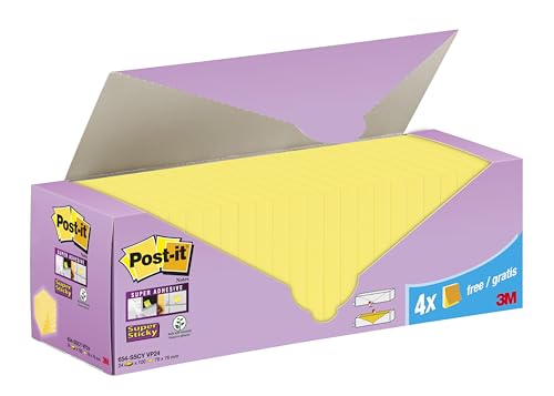 Post-it Super Sticky Notes, Gelb, 76 mm x 76 mm, Promotion, 90 Blatt/Block, 20 Blöcke + 4 Gratis/Packung, Kartonverpackung von Post-it